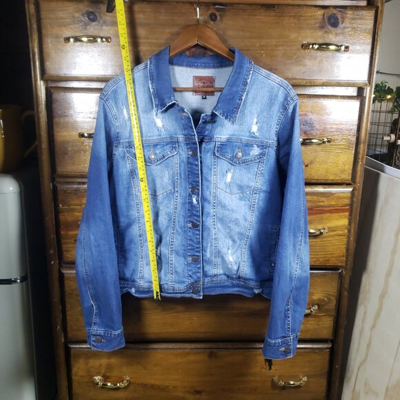 Plus Size 2X Denim Jacket Button Up Blue Wash Y2K Grunge Indie Enjean Skater - Picture 4 of 8